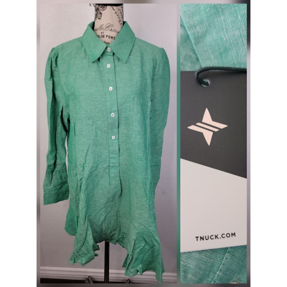 Tuckernuck Dress Womens SZ XL Callahan Linen Shirt Dress Green Resort Lagenlook